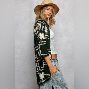 NEW- POL Button Down Openwork Floral Crochet Shirt with Granny Square Pattern